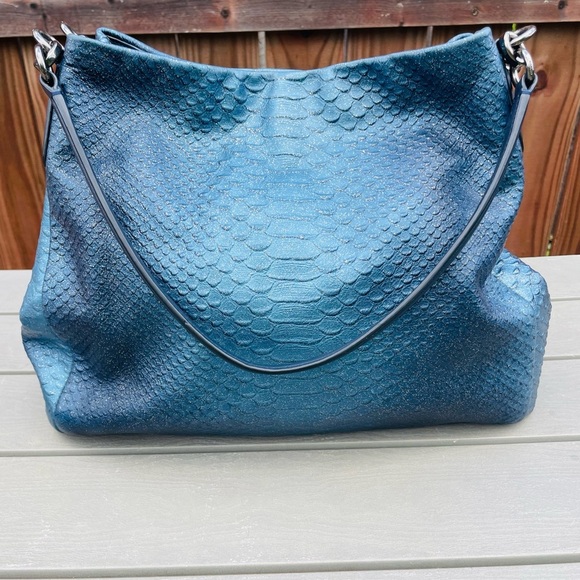 Coach Navy Blue Iridescent Python Embossed Leather Tote F36627 - Picture 11 of 16